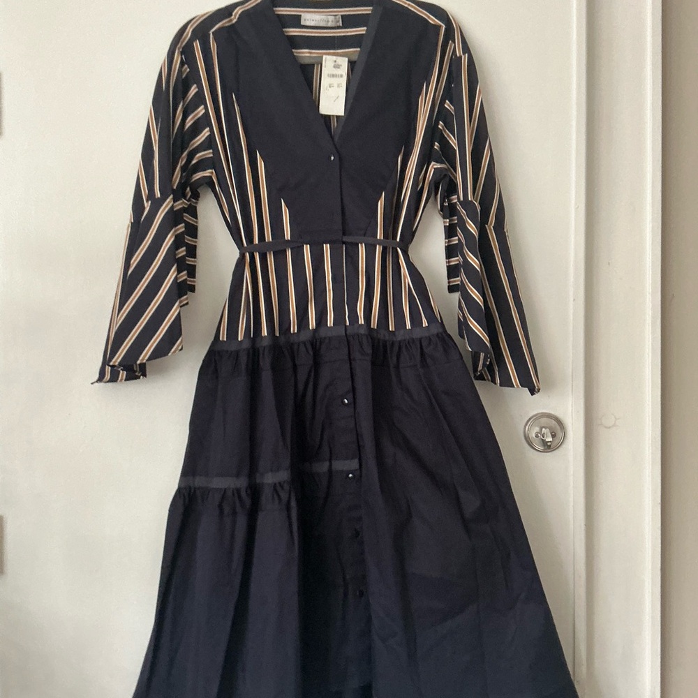 Black Striped Panel Long-Sleeve Midi Dress